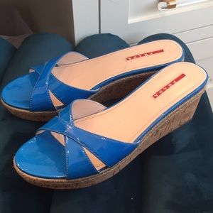 Prada blue patent leather wedges